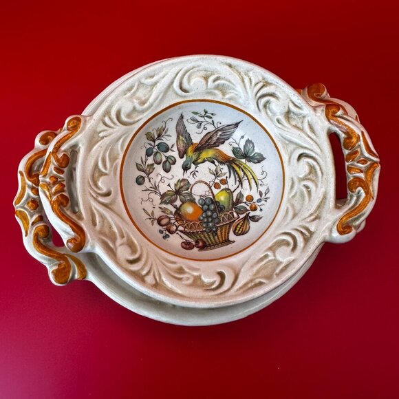 TWO HANDLED CERAMIC LITTLE MAJORKA DISH PLUS BOWL SET w/BIRD & FRUIT DESIGN - Picture 4 of 15